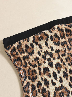 Liber Leopard Print Sequins Color Matching Bodycon Mini&Short Dresses
