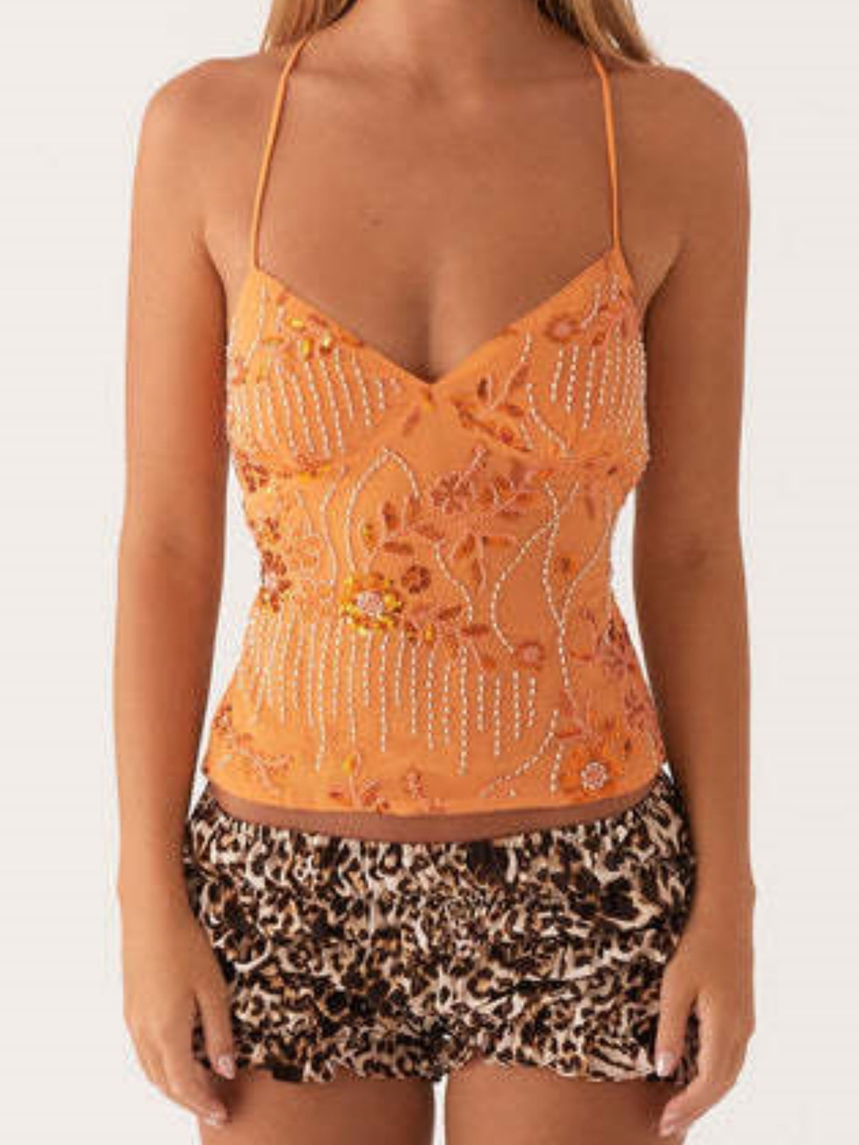 Embroidered Sequins Color Matching Strappy Backless Sweet Tank Tops&Camis
