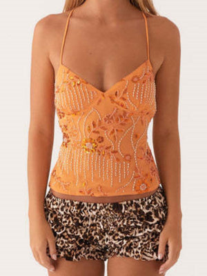 Embroidered Sequins Color Matching Strappy Backless Sweet Tank Tops&Camis