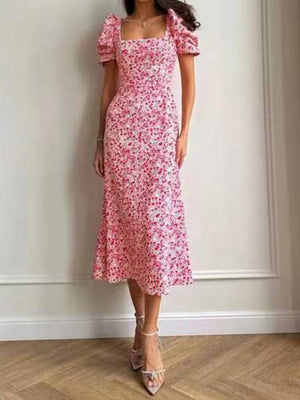Floral Print Square Neckline And Puff Sleeves Maxi Dresses