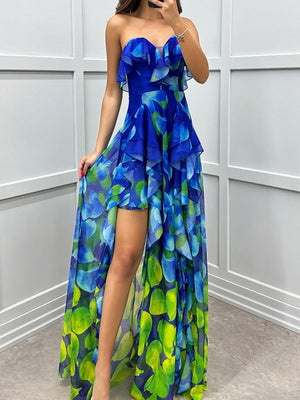 Mesh Printed Slit Ruffle Formal Dress Maxi Dresses