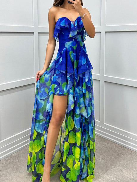 Mesh Printed Slit Ruffle Formal Dress Maxi Dresses