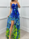 Mesh Printed Slit Ruffle Formal Dress Maxi Dresses
