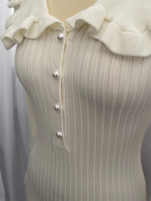 Ruffled Retro Splicing Ladies French Lapel Long Dress Knitted Skirt Sweater Dress