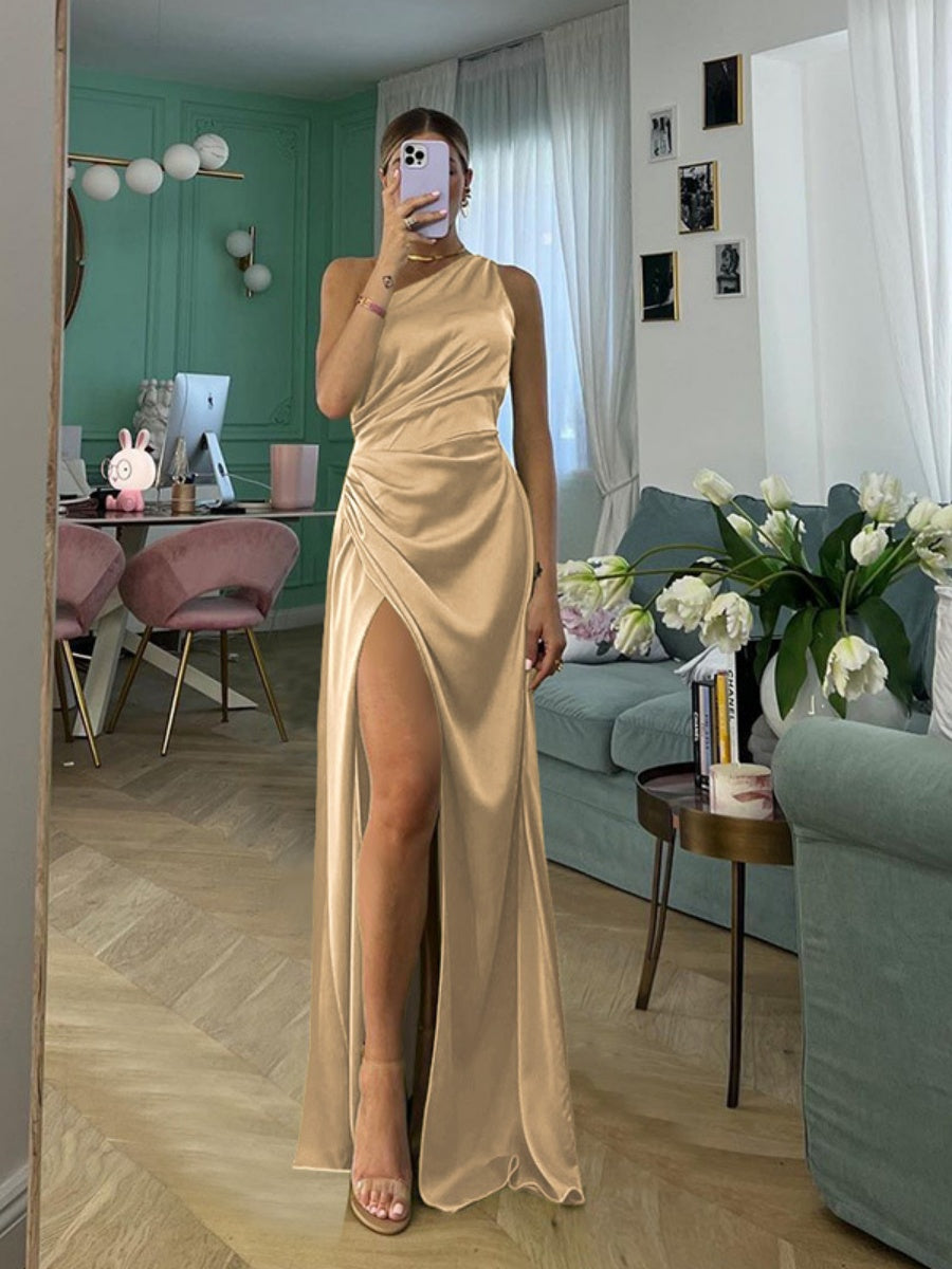 One-shoulder Satin Style Sexy Slit Dinner Party Long Dress