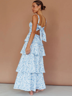 Floral Bow Tie Back Tiered Ruffle Maxi Dress