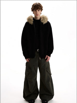 Fur Collar Hooded Knitting Cardigan Coat