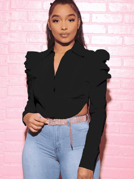 Navel Slits Leg Of Mutton Sleeves Lapel Shirts