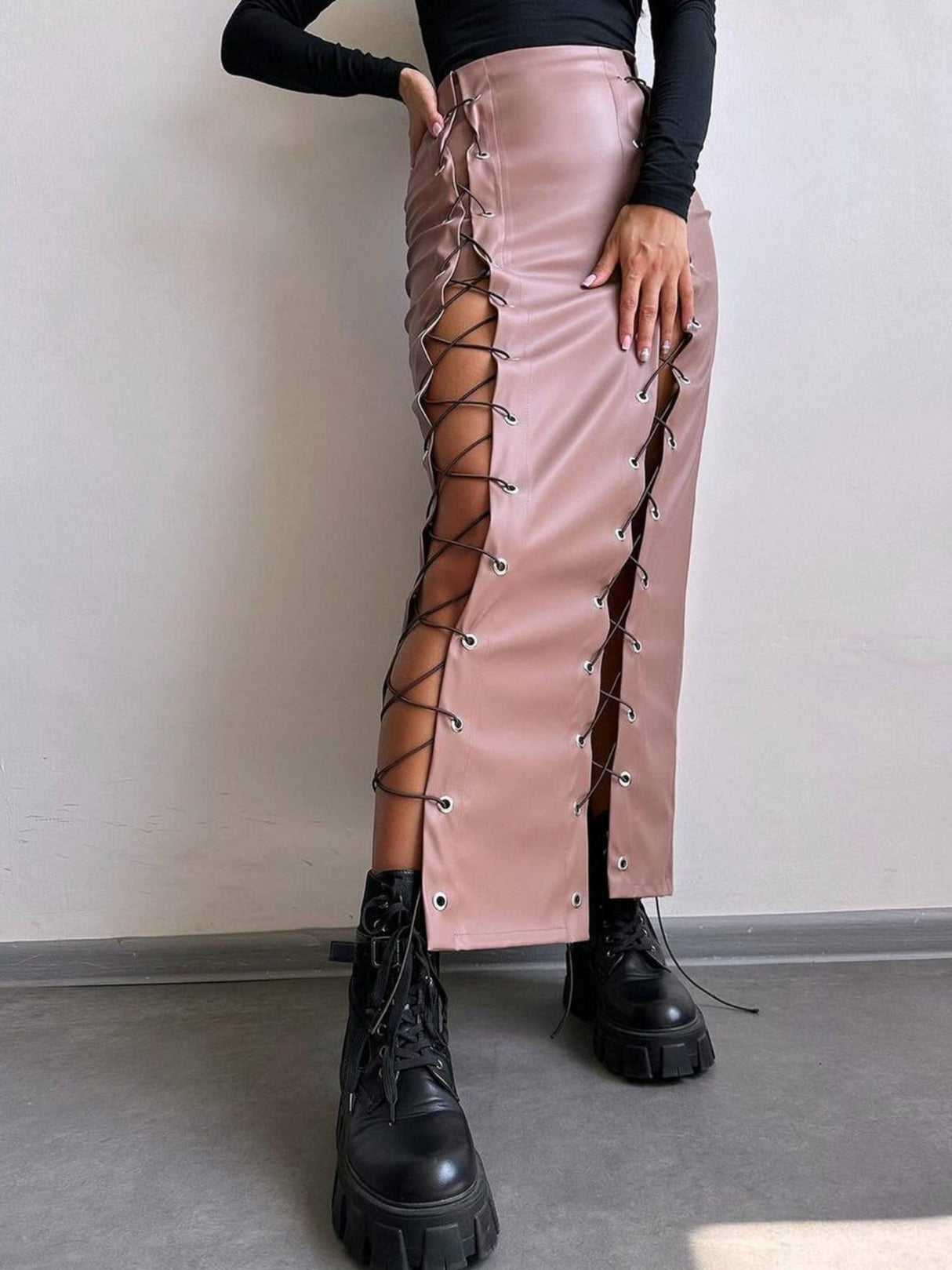 Lace Up Slit PU Leather Bodycon Skirt