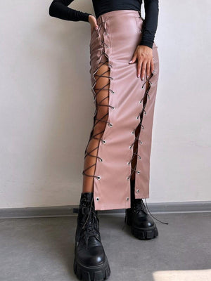 Lace Up Slit PU Leather Bodycon Skirt