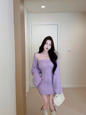 Knitted Elegant Fashion Set: Long-sleeved, Waist-cinching Sweater And Strapless Dress Two-Piece Set