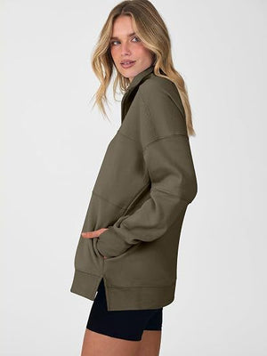 Women's Autumn/Winter Solid Color Half-Zip Long-Sleeve Side-Slit Sweatshirt