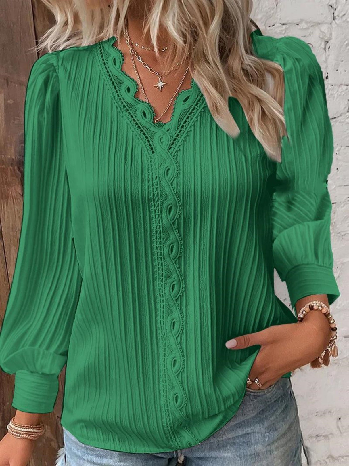 Lace Trim V-neck Long Sleeve Shirt T-shirts