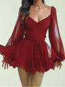 Ruffle Balloon Sleeve Hollow Out Waist Shaping Mini&Short Dresses