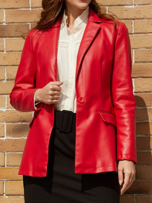 Single Button Pocket Solid Color Leather Jacket