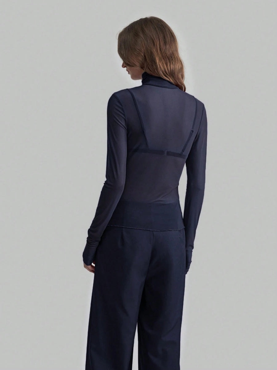 Headband Perspective Turtleneck Slim Fit Party And Nightclub Outfits With Mesh/see-through Tops