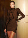【SHIP AS USUAL】High Neck Bow Long Sleeve Pleated Hip-hugging Mini&Short Dresses