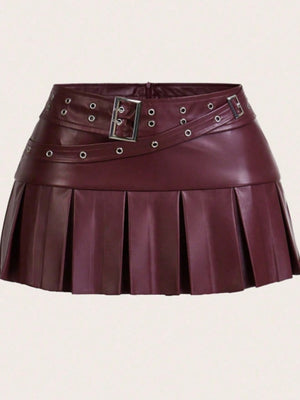 PU Leather Double-pin Square Buckle Pleated Skirt