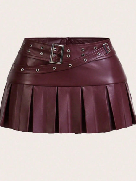 PU Leather Double-pin Square Buckle Pleated Skirt