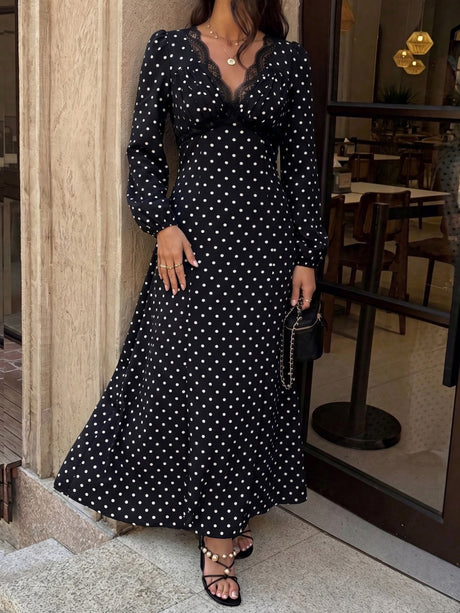Lace-up Lace Polka Dots Splicing Polka Dots Maxi Dresses