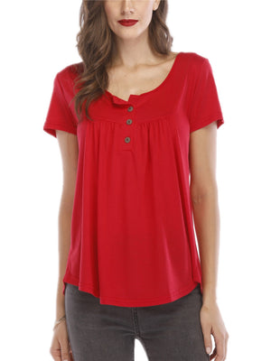 V-neck Pleated Buttons Loose-fit Short-sleeved T-shirt