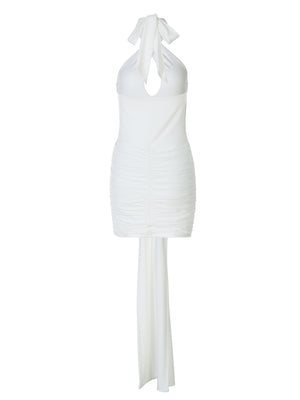 Metal Decoration Halter Neck Deep V Cross Straps Exposed Backpack Buttocks Pleated Mini&Short Dresses