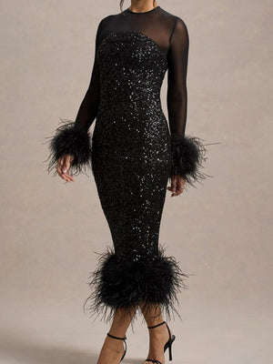 Feather-Trim Sequin Backless Slit Bodycon Dress