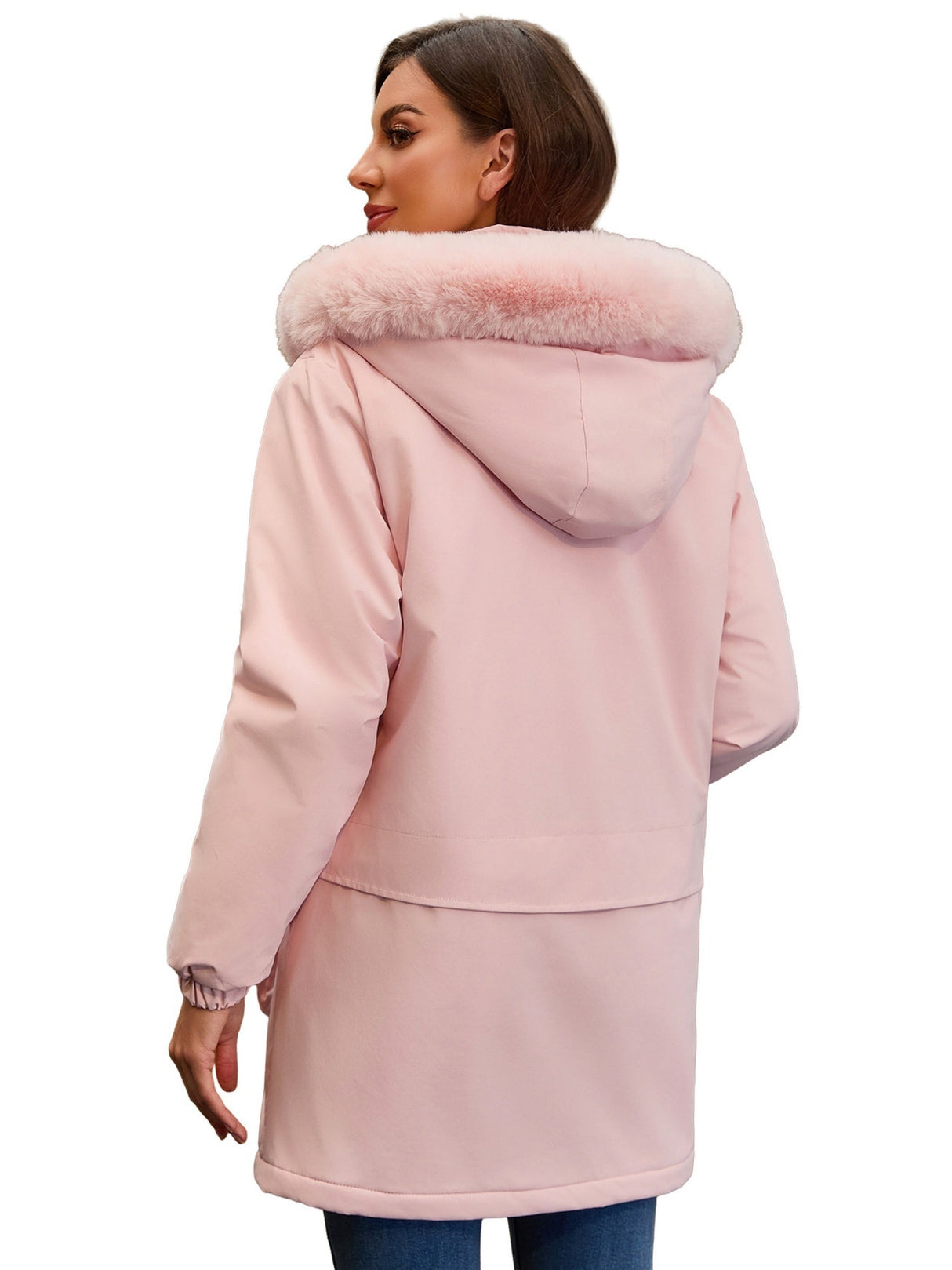 With Fur Collar Hooded For Warmth Drawstring Pocket Down Jacket