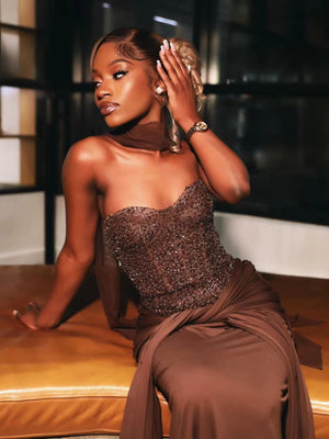 Sequined Strapless Top Splicing Pleated Straps Waist-cinching And Hip-hugging Maxi Dresses