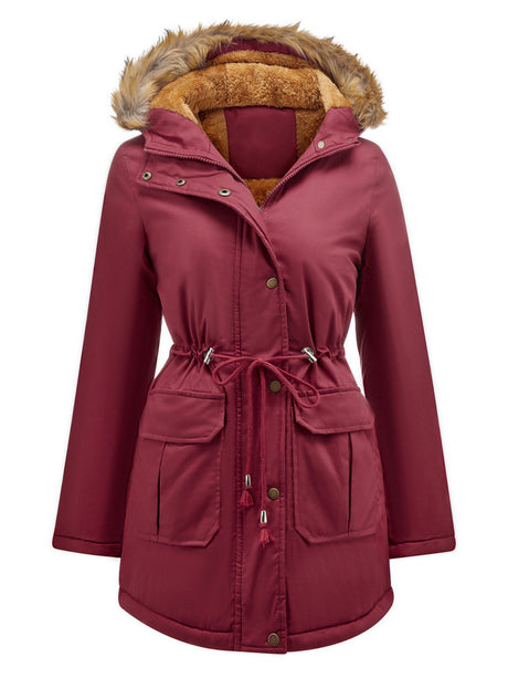With Fur Collar Fleece Lined Hooded For Warmth Drawstring Pocket Down Jacket