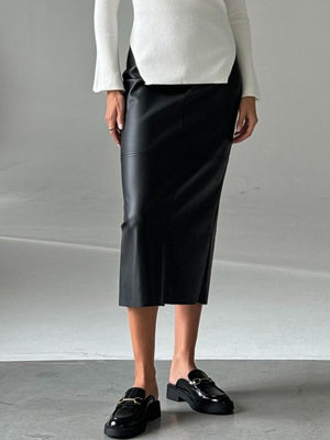 Leather Stitching High-waisted Back Slit Long Skirts
