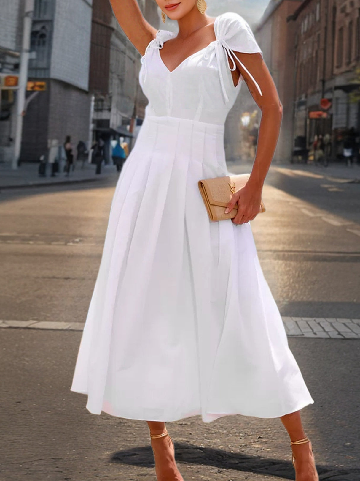 V-neck Tie Waist-cinching Pleats Maxi Dresses