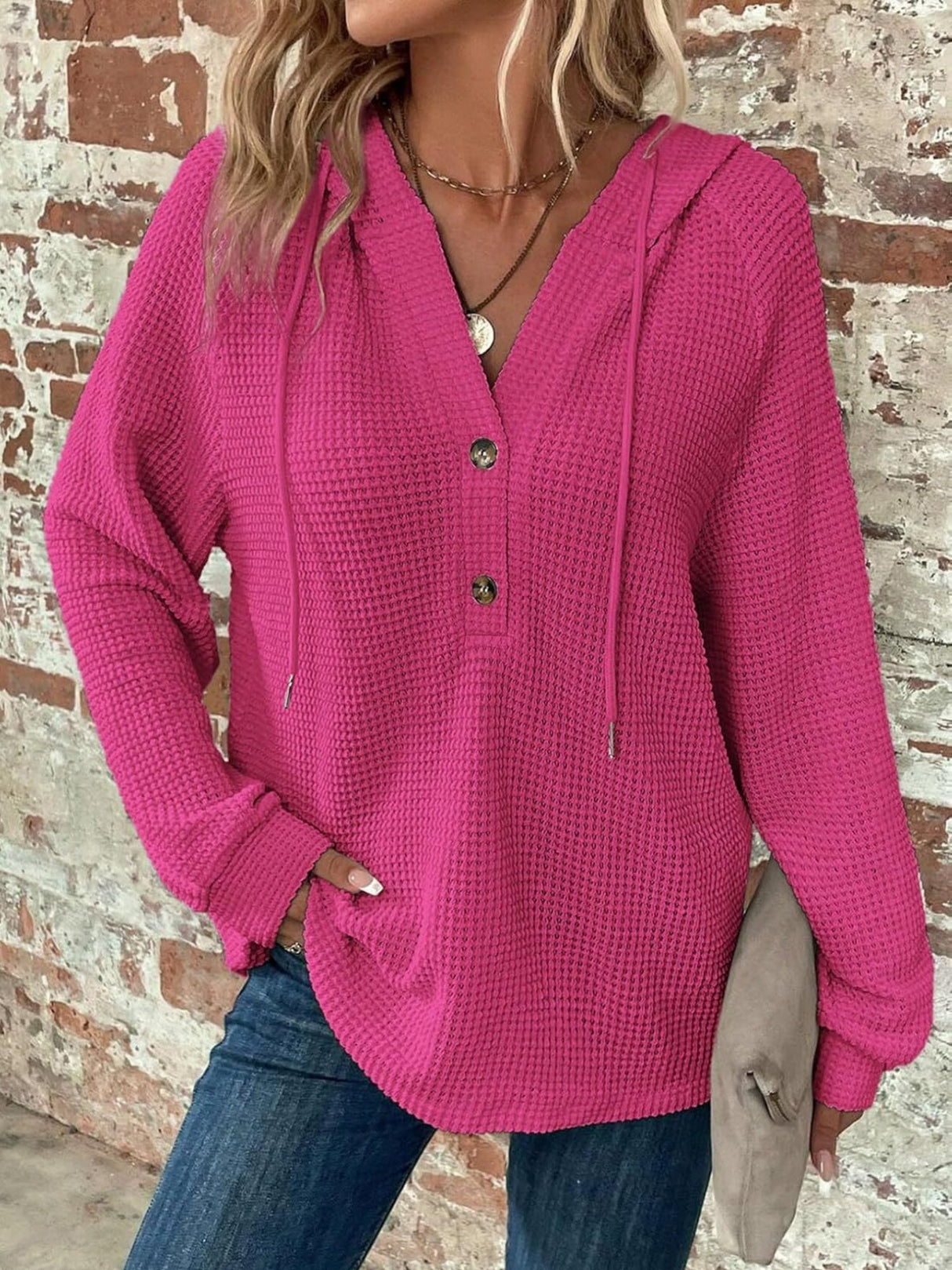 Waffle Drawstring Buttons V-neck Long Sleeve Hoodie