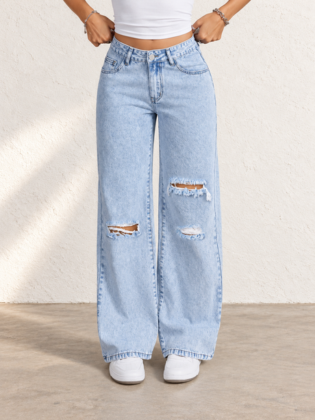 Women's Light-colored Washed Distressed Wide-leg Jeans For Autumn And Winter