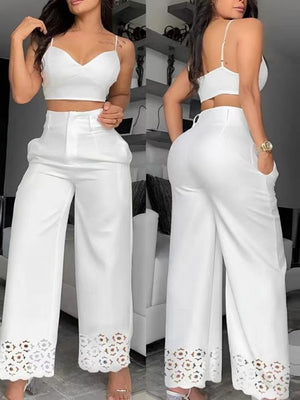 High Waist Hollow Straight-leg Pants Camisoles White Suit 2-piece Sets