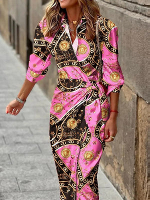 Wrap-up Shirt Collar Lace Up Printed Maxi Dresses