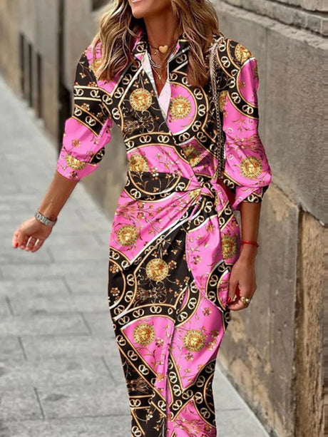 Wrap-up Shirt Collar Lace Up Printed Maxi Dresses
