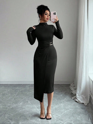 Small Stand Collar Knitting Metal Buckle Decoration Maxi Dresses