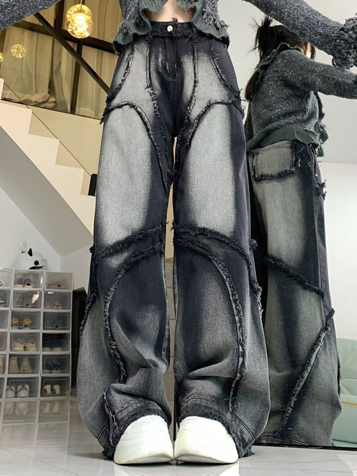 Y2k Black Wash Splicing Rough Edges Jeans