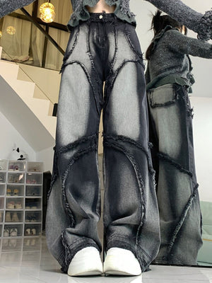 Y2k Black Wash Splicing Rough Edges Jeans