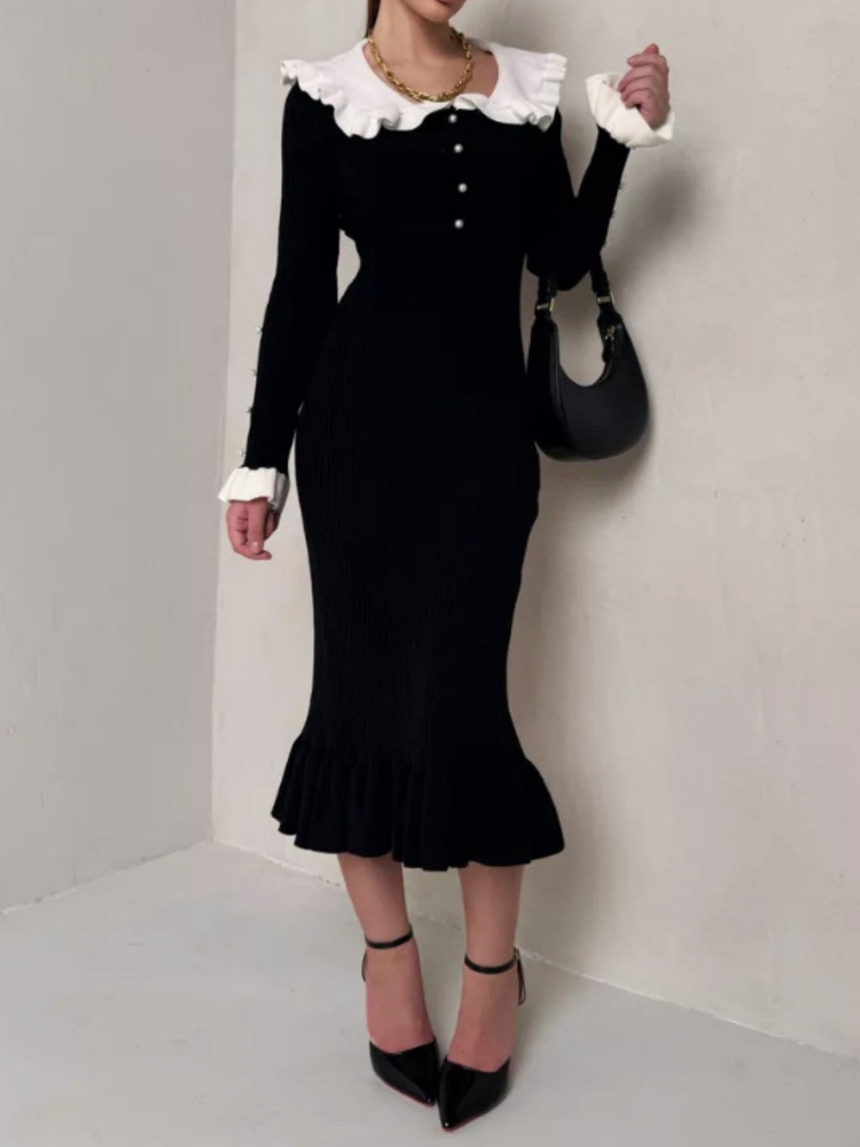 Robes maxi à boutons de revers côtelés et color-block