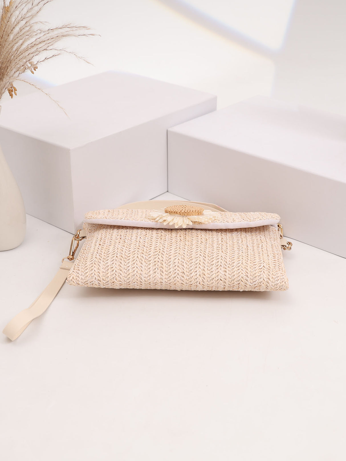 Solid Color Vacation Floral Straw Crossbody Bag