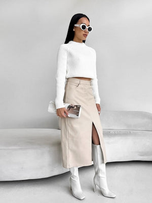 Bodycon Style Matte Fleece Lining PU Leather Slit Sexy Workplace Casual Skirt