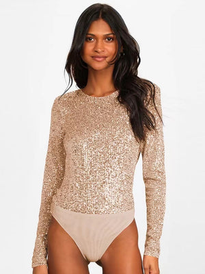Long-sleeved, Slim-fit, Round Neck, Shimmering, Openwork Bodysuit