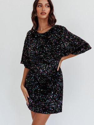 Crew Neck Sequins European And American Style Short Sleeve Loose Bandage Parties Christmas Short Dress