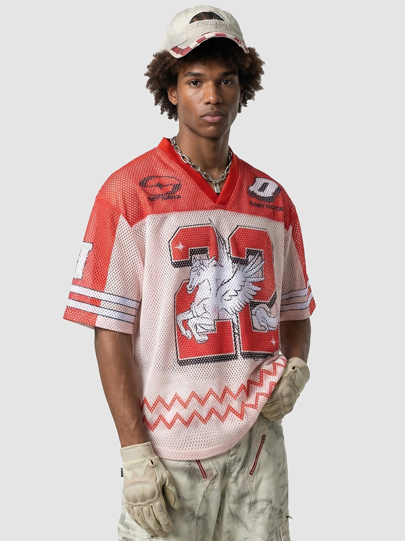 Printed Net Hole Baseball Color-blocked Breathable T-shirts