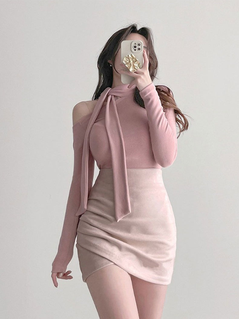 Elegant Tie-neck Fitted Long-sleeved T-shirt