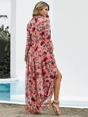Robes maxi à imprimé floral, col en V et manches lanternes