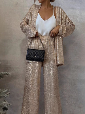 Sequins Small Suit High Waist Casual Straight Leg Pants 2-piece Sets