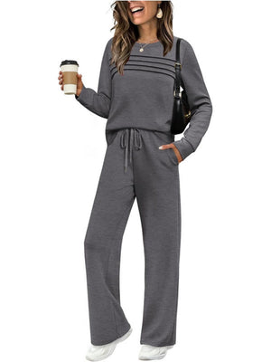 Long-sleeved Round Neck Top And Casual Elastic Waist Wide-leg Pants Two-piece Set